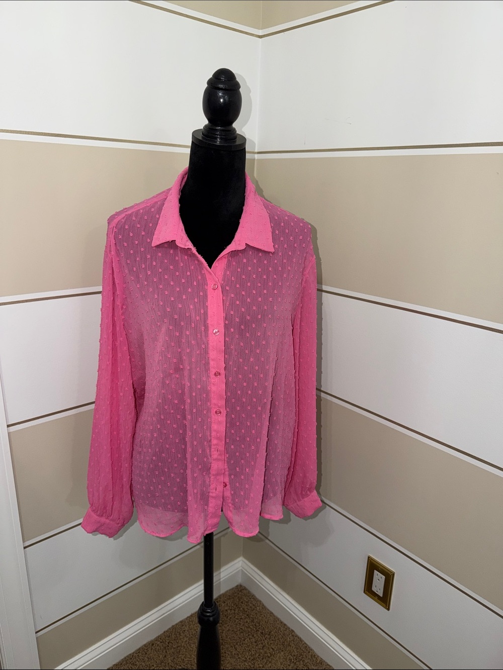 Divided Sheer Dot-Textured Pink Button-Down Blouse